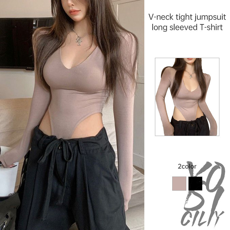 Kaos Lengan Panjang Wanita Seksi V-neck Ketat Bawahan Baju Jumpsuit Seksi YO