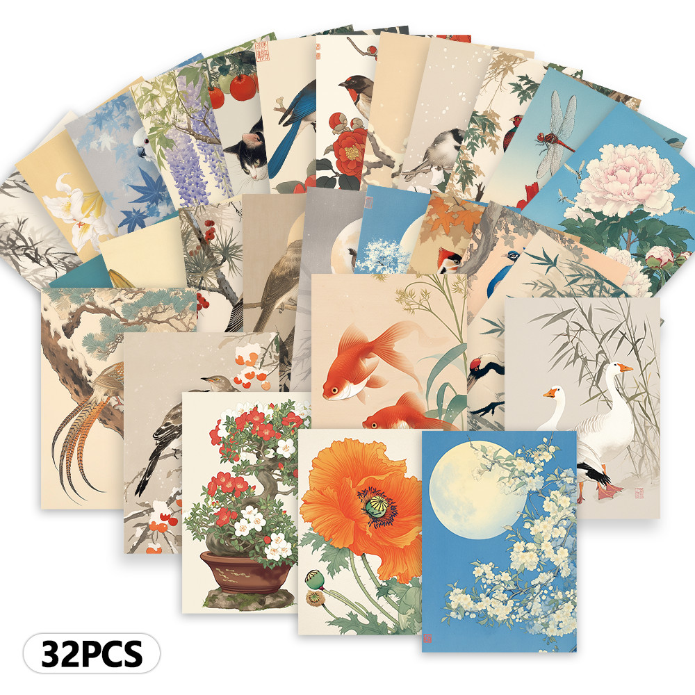 

32pcs, Japanese illustrated postcards, room decoration stickers, brochure materials, souvenirs, collectibles and mailing
