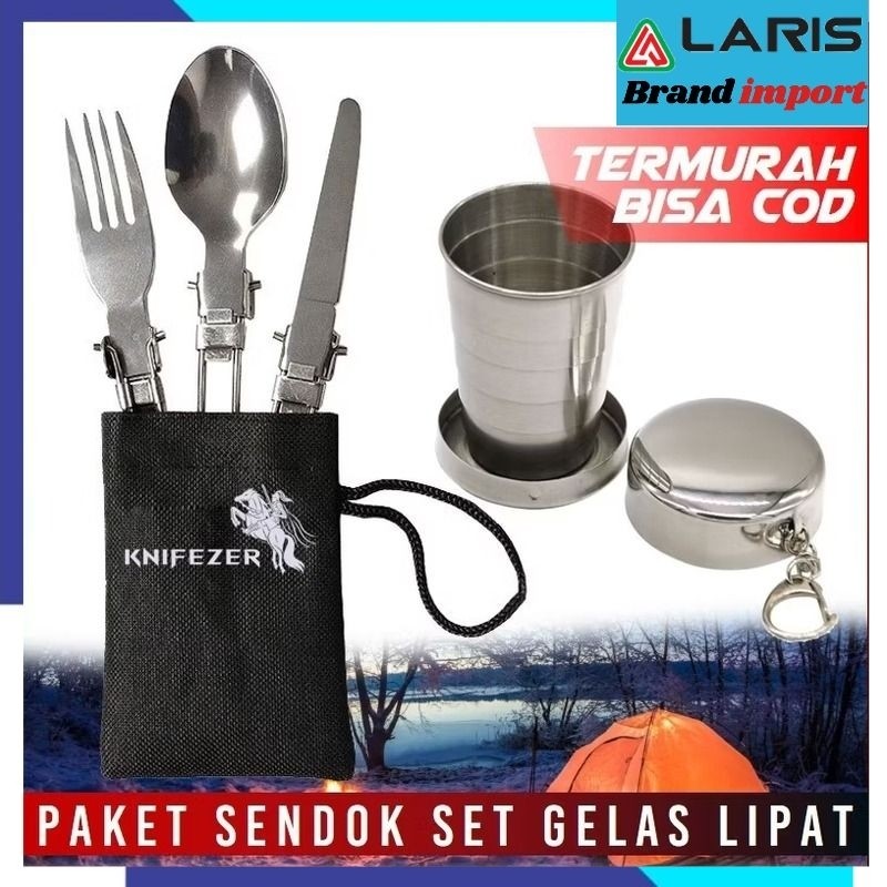 PAKET KNIFEZER Sendok garpu pisau lipat GELAS SET portable stainless steel CAMPING OUTDOOR TRAVEL
