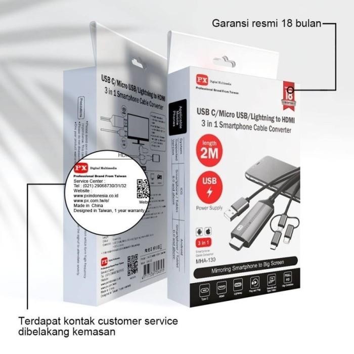 PX MHA-130 Kabel MHL Mirroring Type C / Micro / Lightning to HDMI 2M.PX MHA-130 Kabel MHL Mirroring 