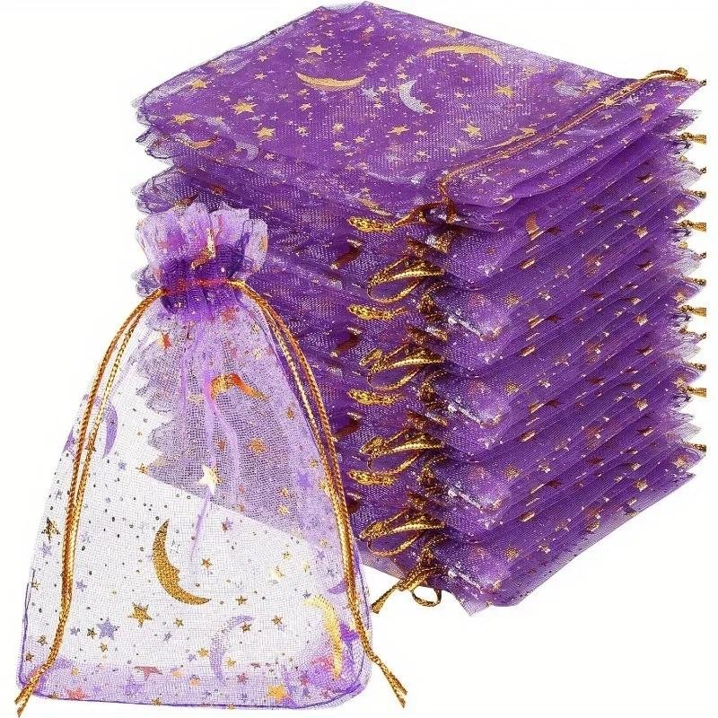 

50pcs Moon Stars Drawstring Organza Bags Jewelry Gift Bags Pouches Golden Star Organza Favor Pouches for Wedding Party