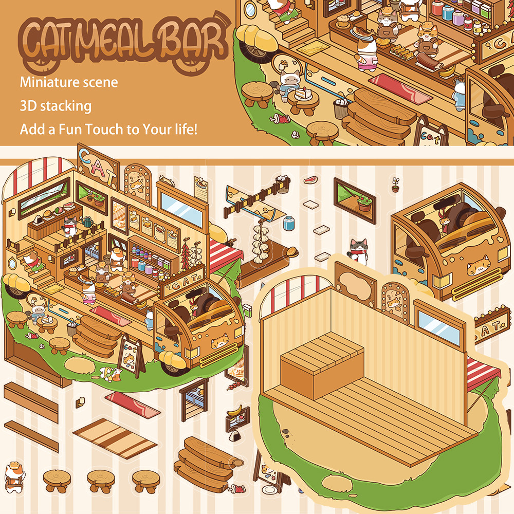 

2PCS Cat Meal Bar Landscape Stickers Versatile Pretty Laptop Luggage Streetwear Aesthetic Handbook Living Room Decals Sticker