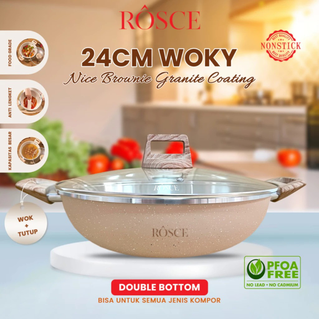 ROSCE WOKY 24CM panci wok wajan tebal tutup kaca kuali granit anti lengket INDUCTION BOTTOM