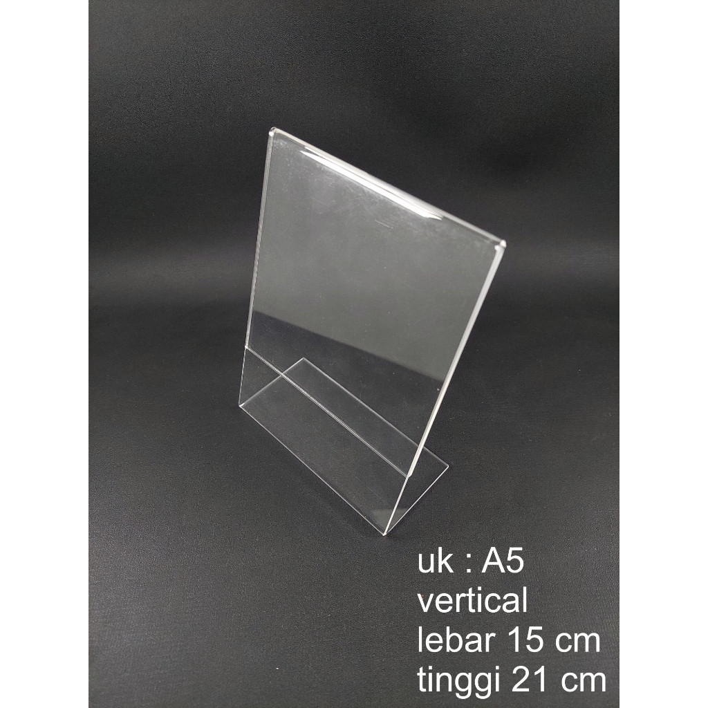 

Akrilik Tempat Brosur A5 / Acrylic Tent Card Holder Stand / Qris Stand / Tempat Kertas A5 model L (miring) satu sisi Vertical Portrait