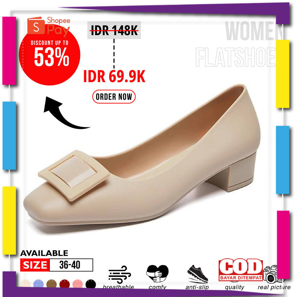 [PREMIUM ORIGINAL] FREE BOX Sepatu Flat Shoes Wanita Hak Sepatu Bahan Jelly Mules Hak Tahu Sepatu Ke