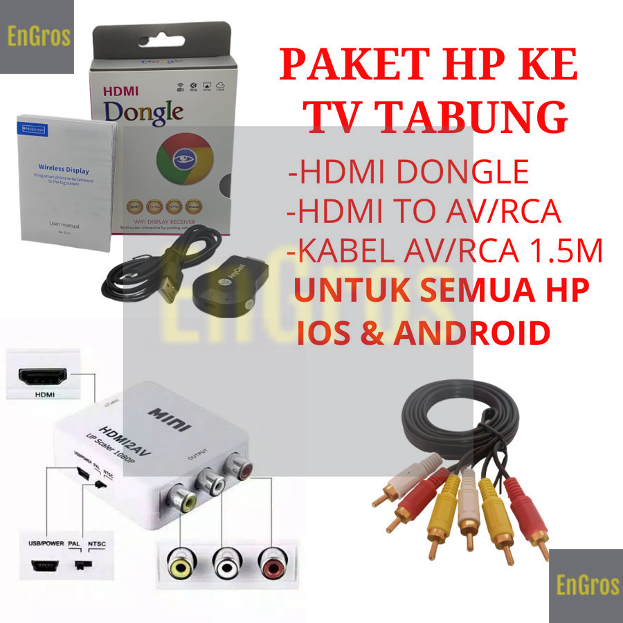 Paket Anycast Miroring hp ke tv tabung anycast Hdmi Dongle + Converter Hdmi to AV  + Kabel RCA to RC