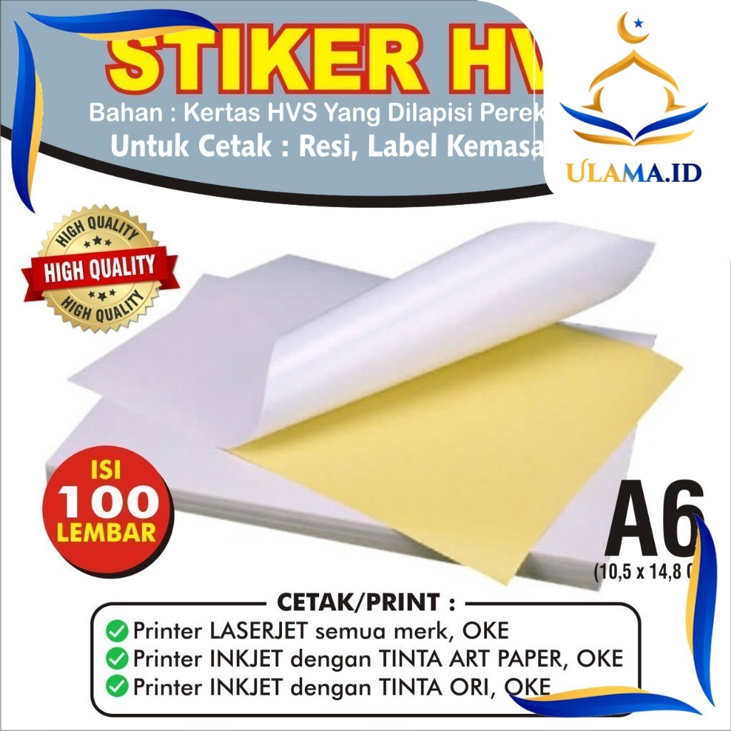 

Stiker hvs( Glossy ) A6 1 pak 100 lbr relis kuning | Sticker Resi