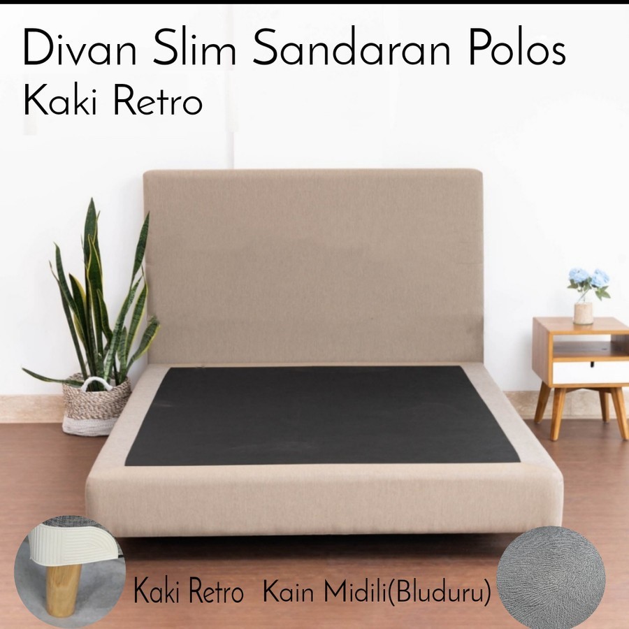 Dipan Divan Tempat Tidur Slim Sandaran Polos Kaki Retro Kain Bludru