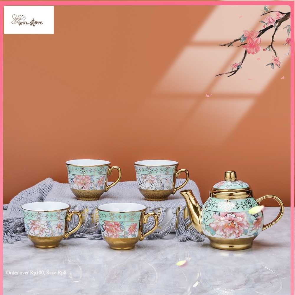 Set Tea Hampers / Gelas Keramik Set 1 Teko 4 Cangkir Teko Set Keramik SUNFILI Tea Set Hampers Parsel
