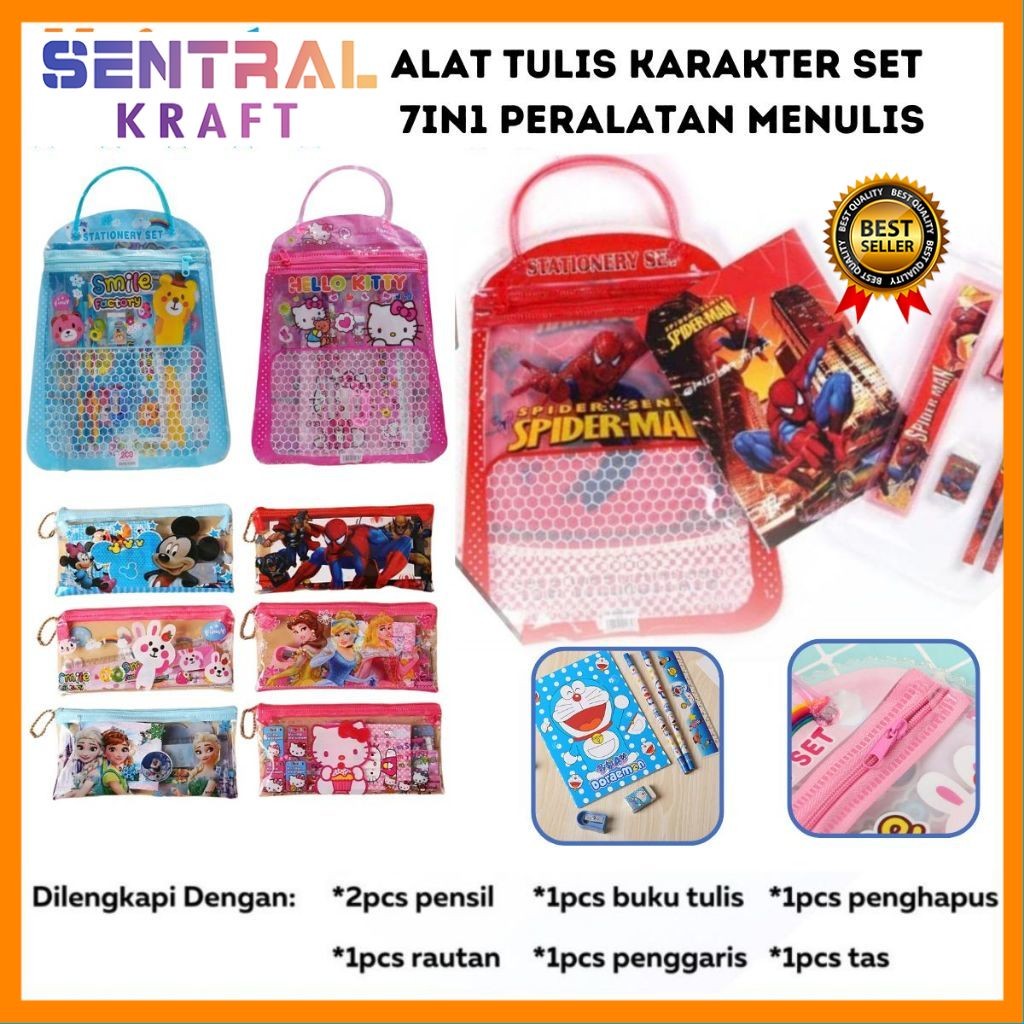 

Set Alat Tulis Karakter Tas Pouch 7in1 / Paket Lengkap Pensil Penghapus Rautan Penggaris Buku Gambar Kartun / Mini Stationery Character 7 Pcs ATK Peralatan Menulis Anak Sekolah Hadiah Kado Ulang Tahun Souvenir Goody Bag Unik Frozen Spiderman Unicorn Cars