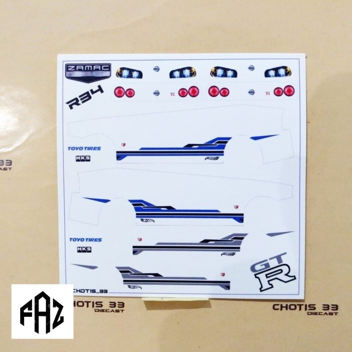 Decal  Diecast hotwheels Nissan skyline R34 Zamac