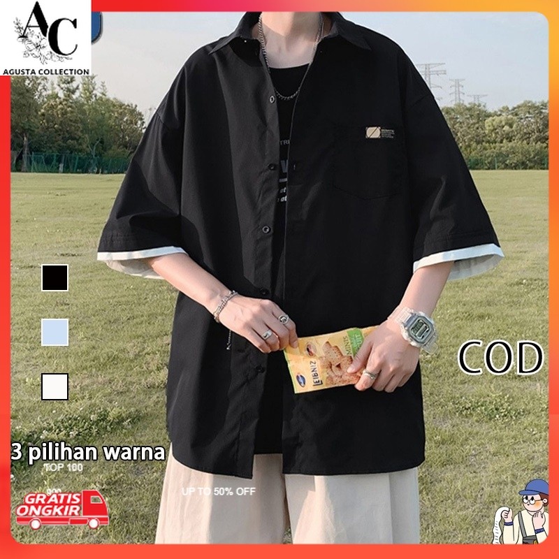 Kemeja Korea / Kemeja pria lengan pendek korean style oversize kemeja hitam cowok kasual kemeja bati