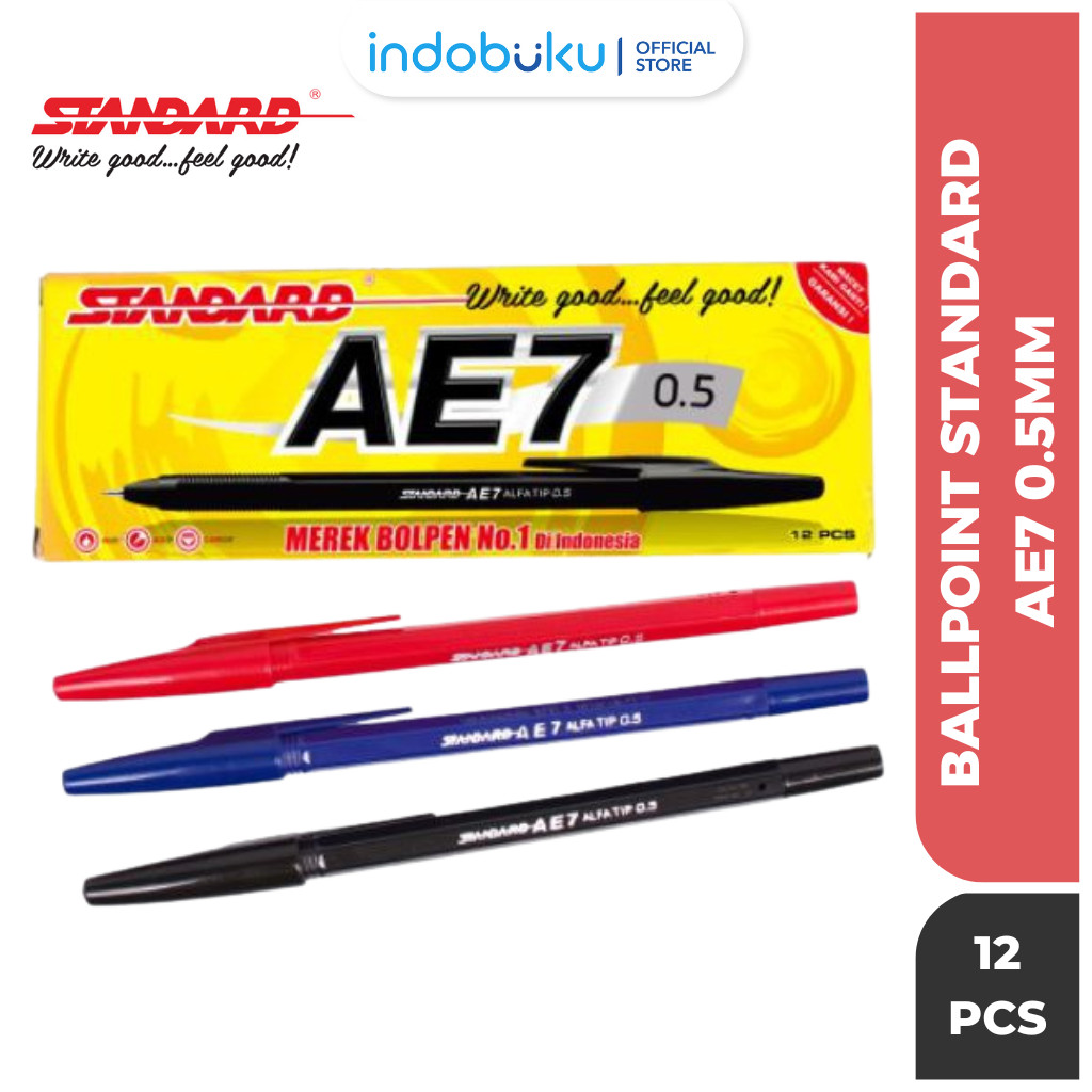 

( 12 Pcs ) Pulpen Standard AE7 / Bolpen Standard AE7 0.5mm Original Hitam Biru Merah