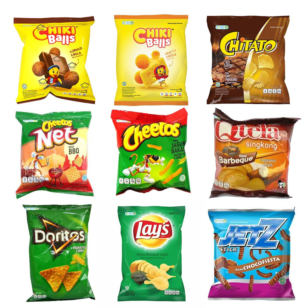 

ALL Snack ecer chuba tango doritos nabati krisbee french fries chitato chiki balls potabe taro jetz lays cheetoz twistko