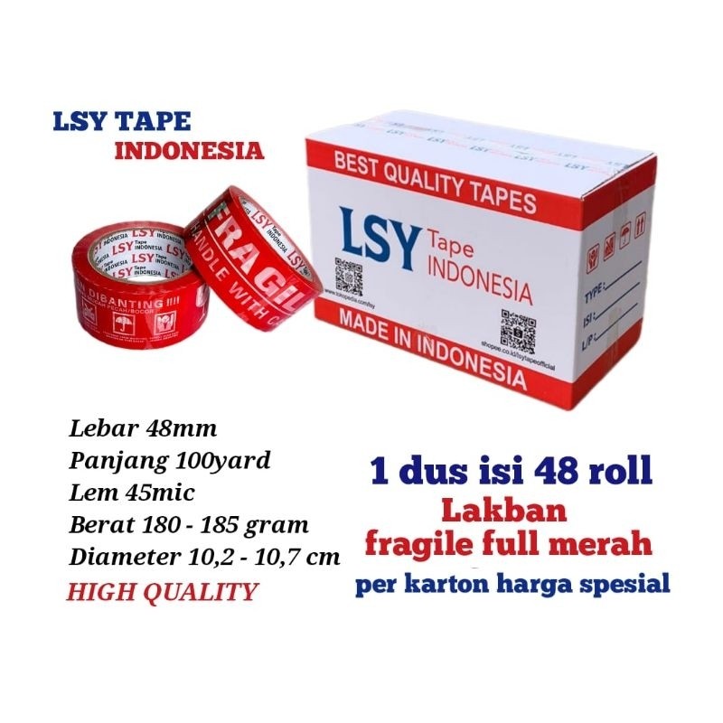 

lakban fragile full merah LSY TAPE 48mm x 100yard 1 dus isi 48 roll ( CMH )