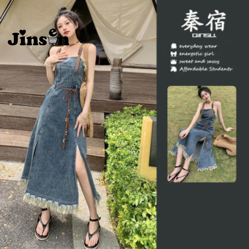 [JinSen] Rok Chic Retro Gaya Hong Kong Rok Denim Rumbai Desain Khusus Gaun Tali Ikat Pelangsing Ping