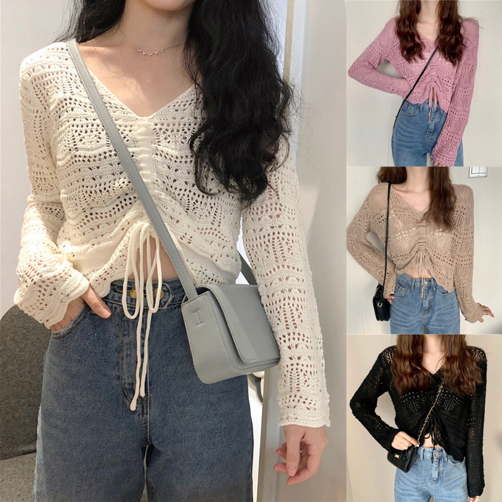 CN / Blouse Korea Tarra Knit Top Crop Top Style Rajutan Berongga longsleeve
