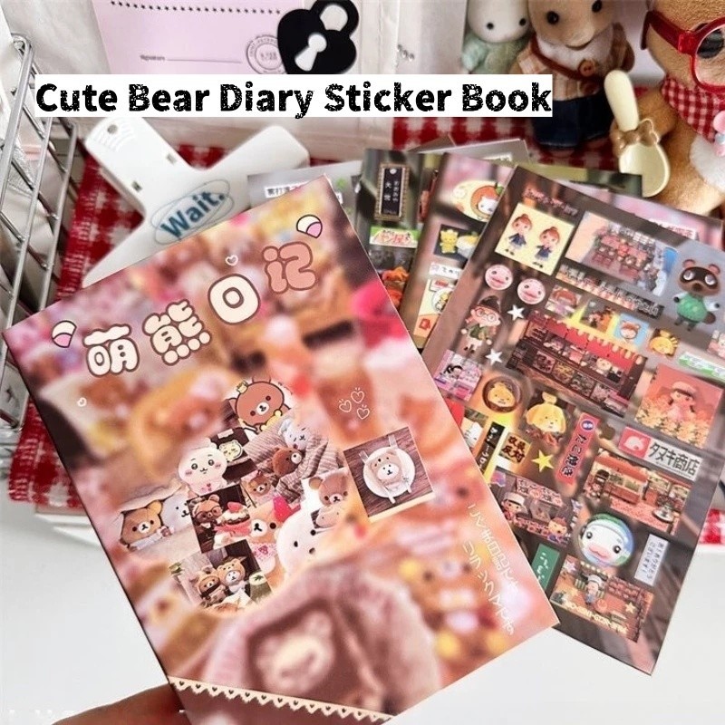 

32 Sheets Cute Bear Diary Sticker Book Ancient Text Style Die Film Retro Stickers DIY Computer Bottle Goo Card Decorative Esthetic Scrapbook Handbook Kid Gift Stationery