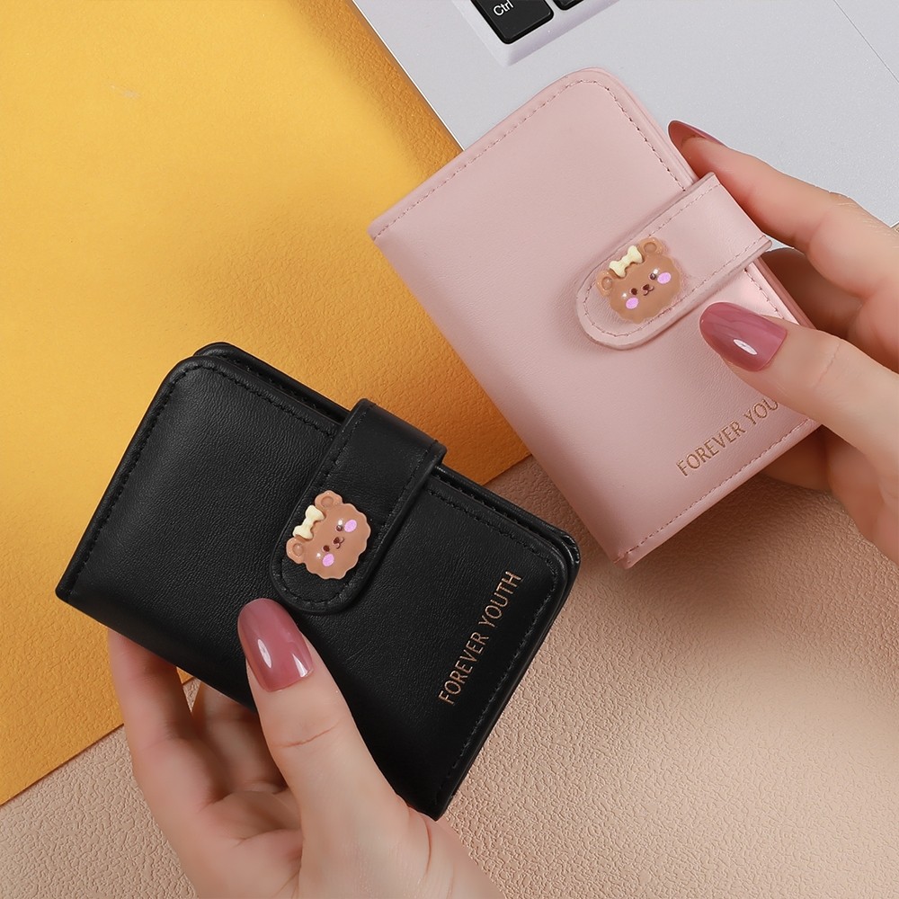 MAOLILI - Dompet Kartu Wanita Mini 20 Slot Plastik Transparant Dompet Kulit PU motif Beruang Tumbul 