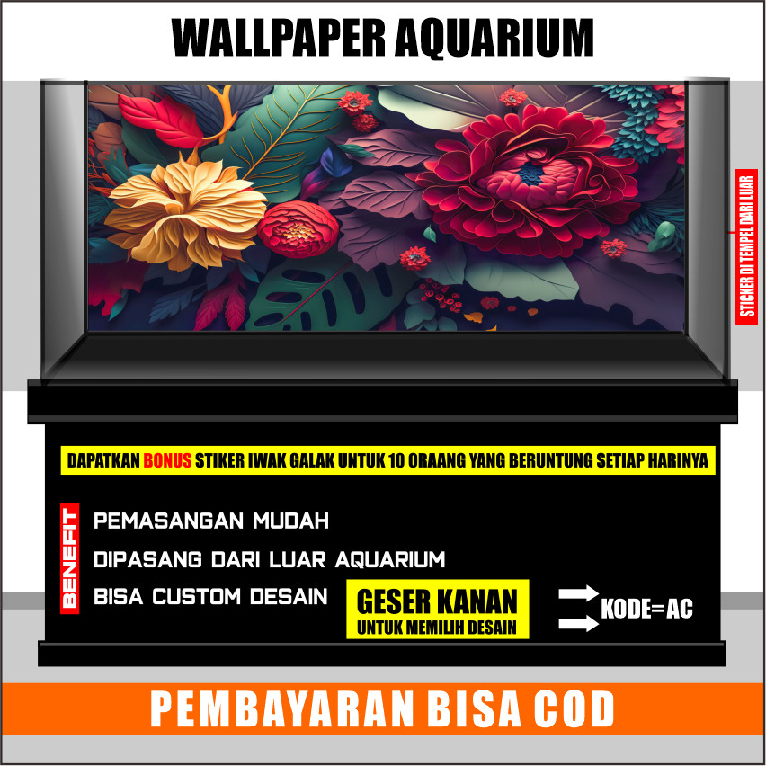 stiker background aquarium 3d timbul custome jumbo kaca akrilik besar full set  aquaspace batu ac
