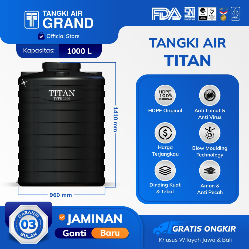 Tangki Toren Tandon air Titan Blow 500 Liter 550 Liter 1000 Liter 1100 Liter Anti Lumut SNI GRATIS O