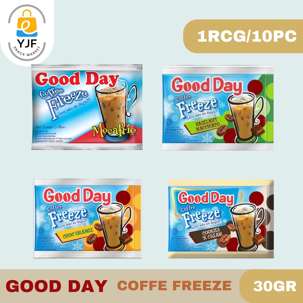 

Good Day Coffe Freeze 30g - 1 RCG/10PCs / Mocafrio / Hazelnut Macchiato / Cookies N Cream / Choco Orange / Kopi Instan / Kopi Bubuk