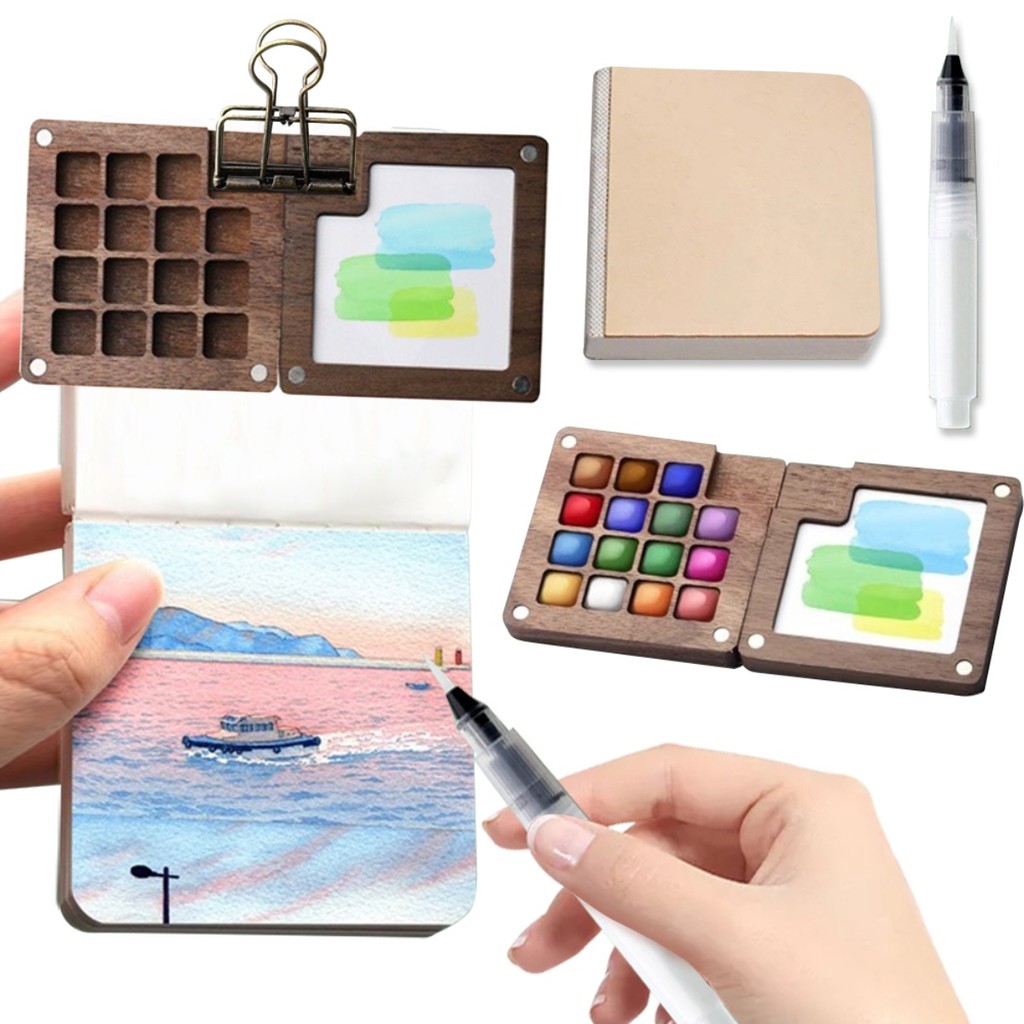 

6/15 Grid Wooden Grid Paint Box Pocket Artist Travel Paint Palette Mini Watercolor Paint Set for Painters Artists Students