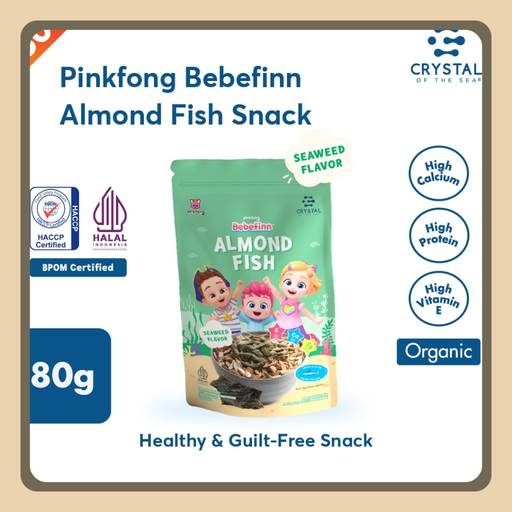 

Crystal of the Sea | Pinkfong Bebefinn Almond Fish Snack Seaweed 80gr / Ikan Teri Jengki Kacang Alamond Premium Rasa Seaweed