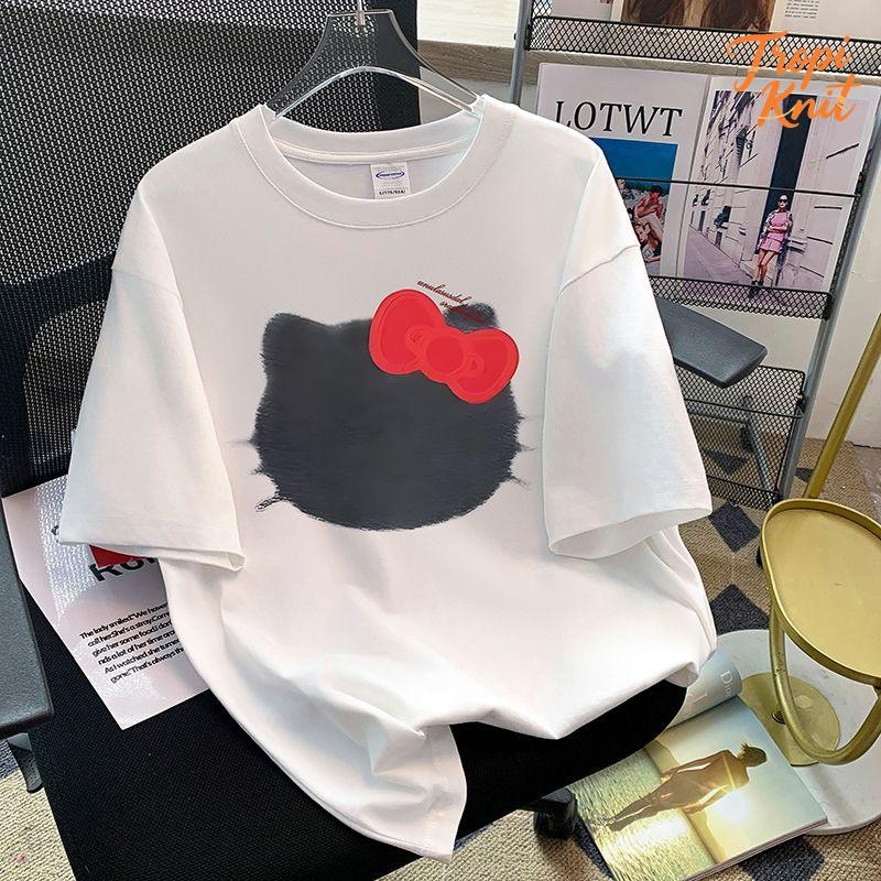 Baju T-Shirt Wanita Lengan Pendek Motif Kartun Kucing & Pita - Katun Tipis Bernapas Tren 2025  Desai