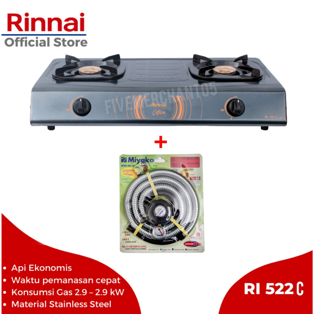 Kompor Gas Rinnai RI 522C Kompor Ceflon Rinnai 2 Tungku Kompor Rinai 522C Kompor Teflon RI 522 C