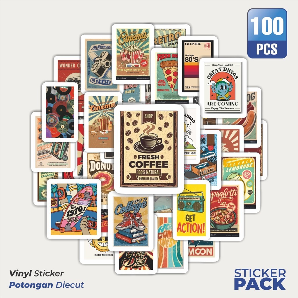 

MURAH 100 PCS Stiker Poster Retro Waterproof Aesthetic- Untuk Laptop, Motor, dan Helm - Paper Stationery Pack