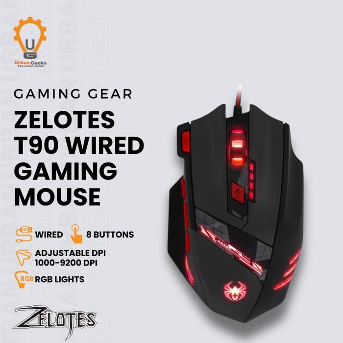 Zelotes T90 Professional 9200 DPI High Precision USB Wired Gaming Mouse 8 Button - Black