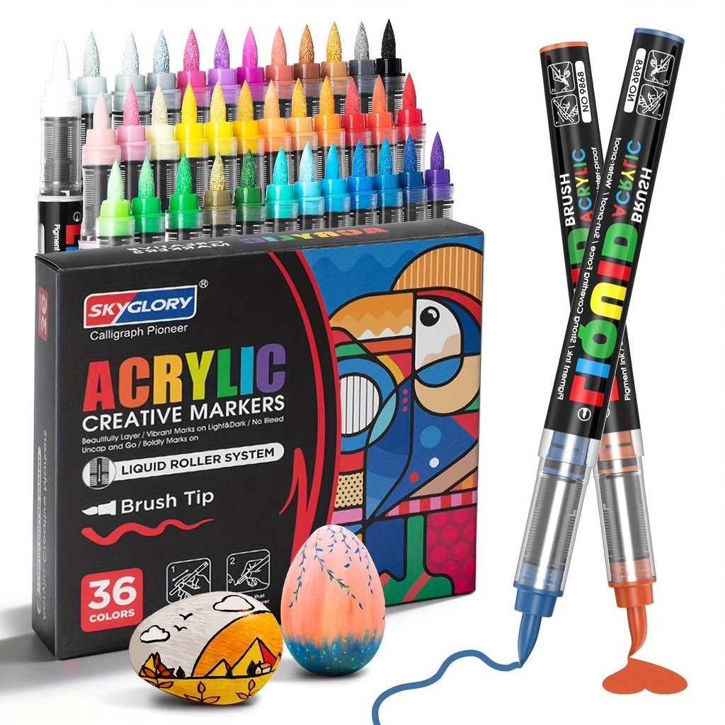 

36 brightly colored acrylic markers with soft and flexible brush heads for precise control - suitable for canvas, rock, wood