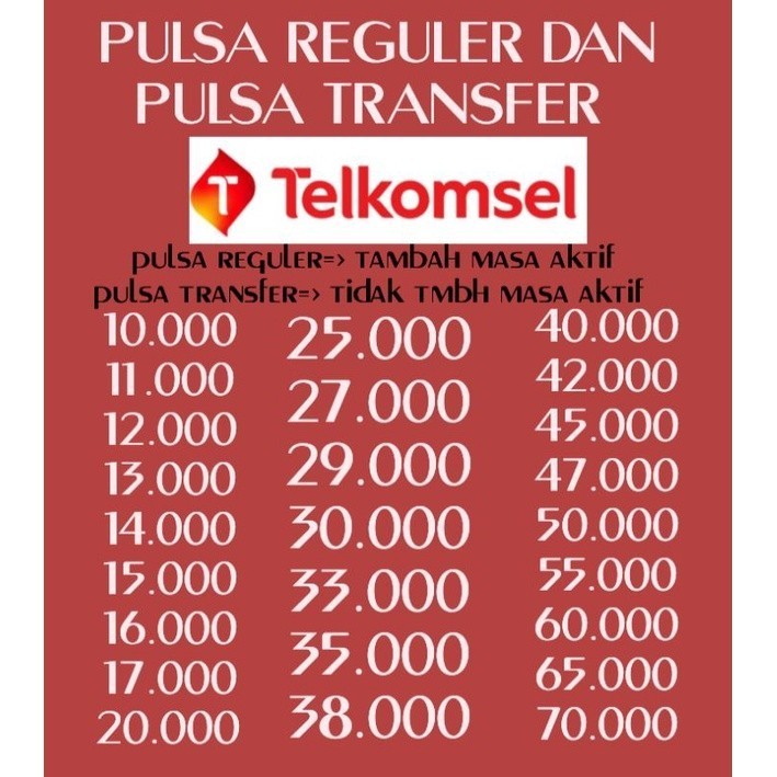 TERMURAH PULSA PROMO DAN REGULER TELKOMSEL 10K 15K 20K 30K 35K 40K 45K 50K 55K 60K 65K 70K 75K