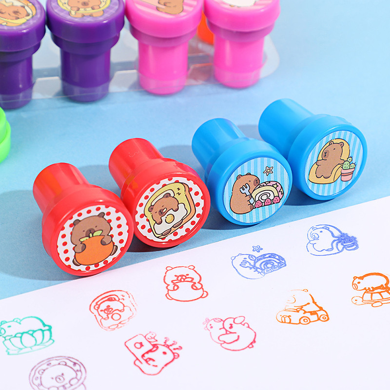 

12Pcs/Set Cute DIY Painting Photo Album Stamp Kawaii Capybara Self-ink Stamps Children Prize Children Graffiti Toys Gift