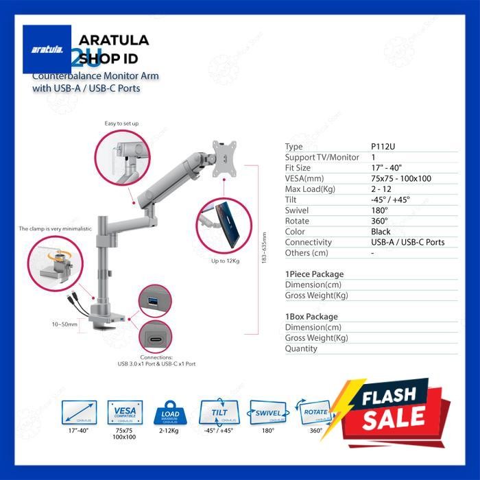 

Bracket Single dan Dual Monitor 17" - 40" Oximus P112U dan P212U Grey / Abu Heavy Duty Mechanical Spring Monitor Arm with USB-Port Topside instalation no more crawling under desk - P112U Abu