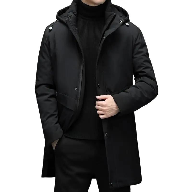 Jaket Pria Tebal Hangat Jaket Fashion Panjang Berkerudung Jaket Mantel Warna Solid Pria Berkerudung 