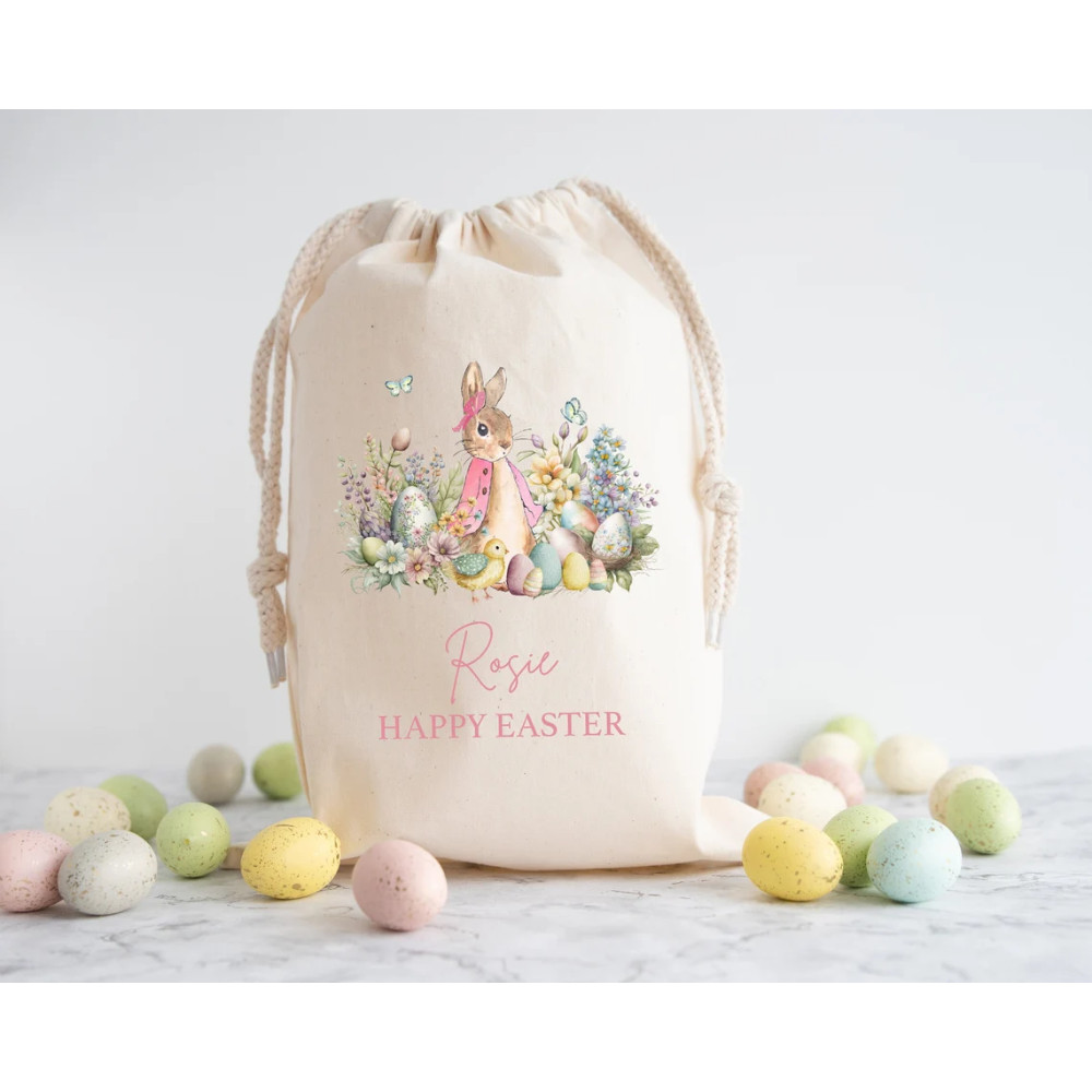 

30x40cm Cotton Personalised Easter Rabbit Gift Bag Easter Treat Bag Snacks Easter Egg Hunt Trail Bag Basket Bucket Boy Girl