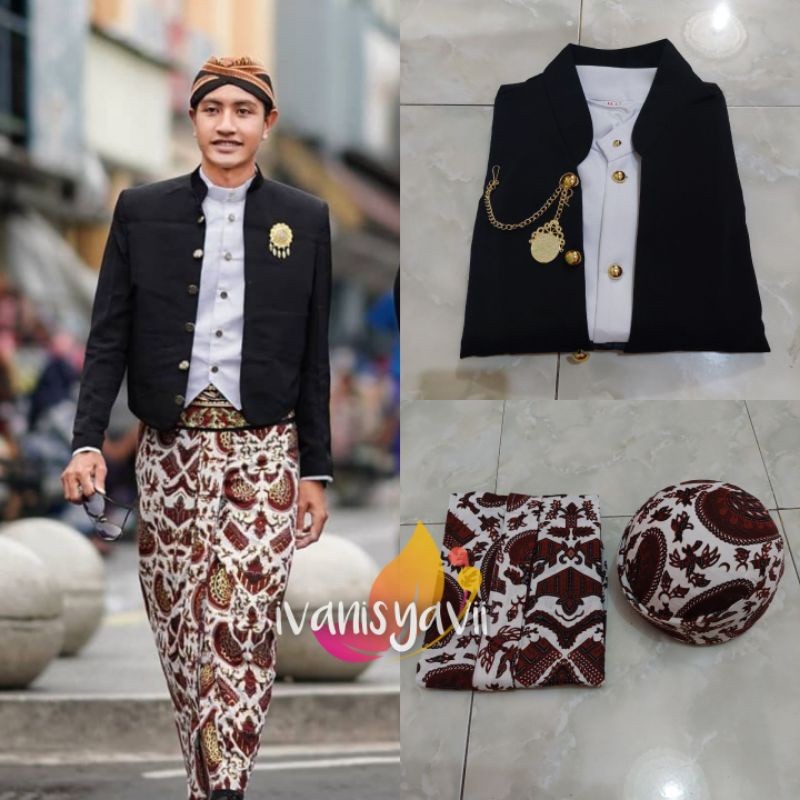 (1set Cowok) Baju Adat Jawa / Beskap +Jarik +Blangkon +Benggol | Hewes- Semen Putih