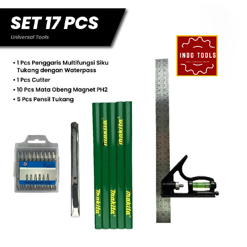 

Peket Set Penggaris Siku Tukang Multifungsi Stainless Steel dan Zinc Alloy dengan Waterpass, Pensil tukang, Mata obeng magnet dan Cutter stainless multifungsi