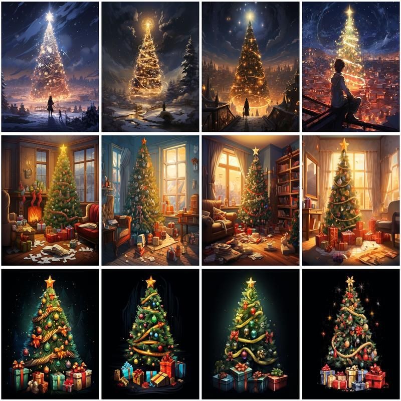 

CHENISTORY Coloring By Number Christmas Tree Landscape For Adults DIY Frame Oil Painting By Numbers On Canvas Home Decoration