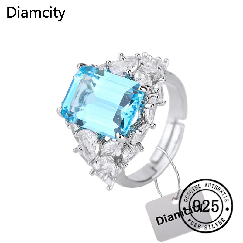 Diamcity Cincin Terbuka Mewah Topaz Biru Laut yang Elegan dan Indah