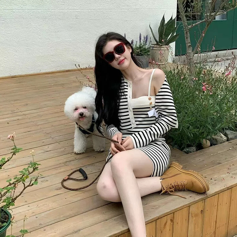 Sexy Striped Knit Tube Style Mini Dress With Cardigan Jacket - Korean Style Korea Fashion Outfit Din