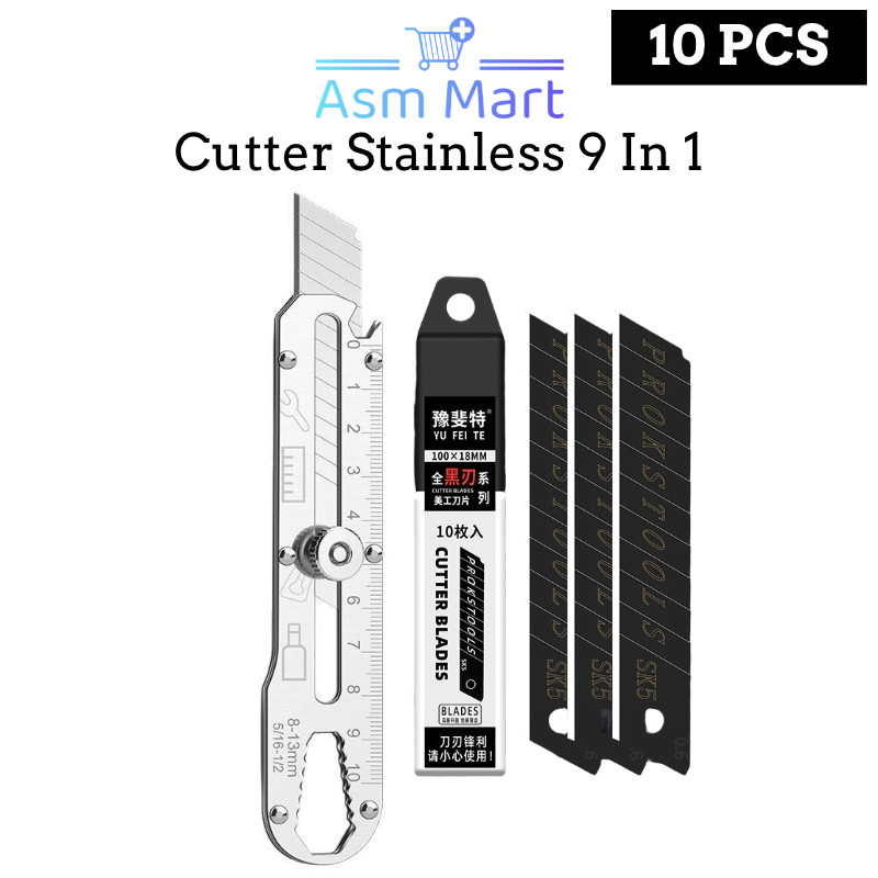 

ASM - ISI 10 PCS Pisau Cutter Besi Stainless Tajam Anti Karat 9 In 1 Multifungsi
