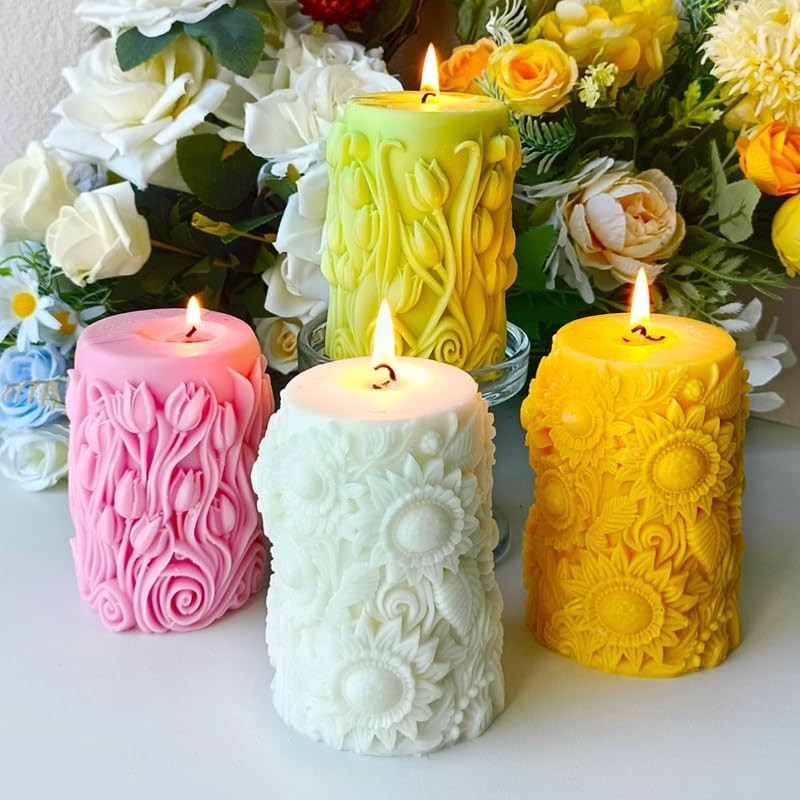 

Sunflower Candle Mold Silicone 3D Lavender Cylinder Tulip Lily Flower Mold DIY Soap Plaster Craft Resin Home Decor Gift Making