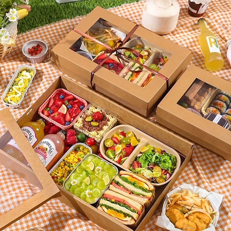 

4pcs/set Kraft Paper Cake Boxes With Clear Window Pinic Dessert Food Container Box Home Kitchen Storage Boxes Food Display Boxes