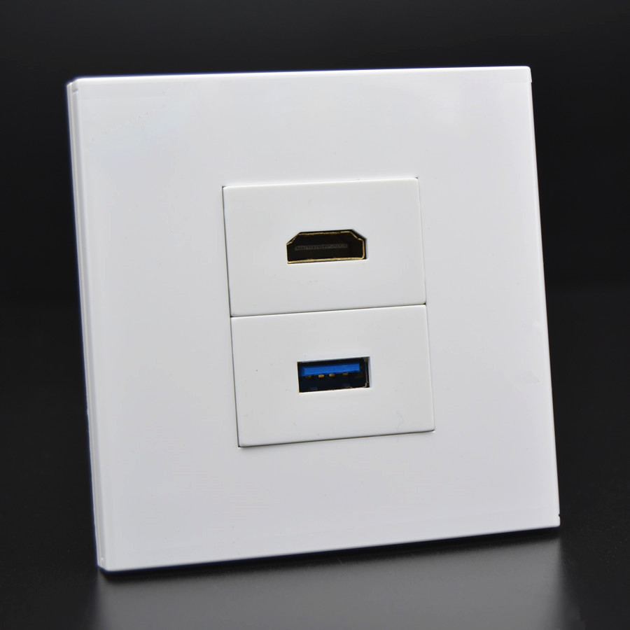 White Faceplate Panel USB3.0 Jack HDMI2.0 Female To Female Outlet Socket Plug