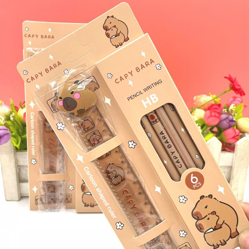 

1Set Cartoon Pencil with Ruler Bookmark Capybara Stationery Bookmark Kawaii Student Kid Stationery School Supplies