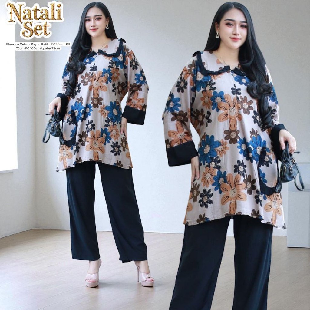 Natali Set Jumbo - One Set Wanita Kekinian Rayon Batik Baju Setelan Wanita Celana Panjang LD 130 cm