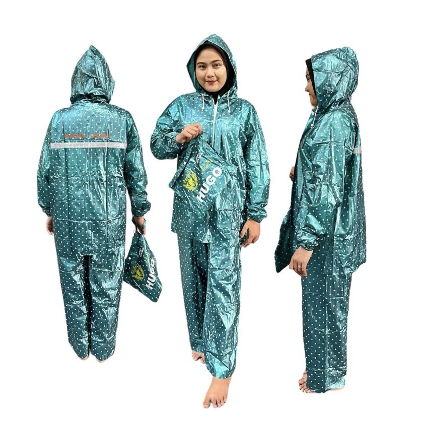 Jas Hujan Setelan Jaket Celana Spartan Hugo JC-301 Polka Polkadot Tebal 0.18mm PVC Lentur Waterproof All Size Dewasa Pria Wanita Jas Ujan Camping APD Event Outdoor Raincoat Tebal Dengan Tas Bagasi Hoodie Motor Karet Kuat Elastis Ringan JC-905